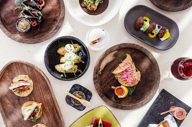 Overhead view of upscale restaurant plates with gourmet small bites and appetizers