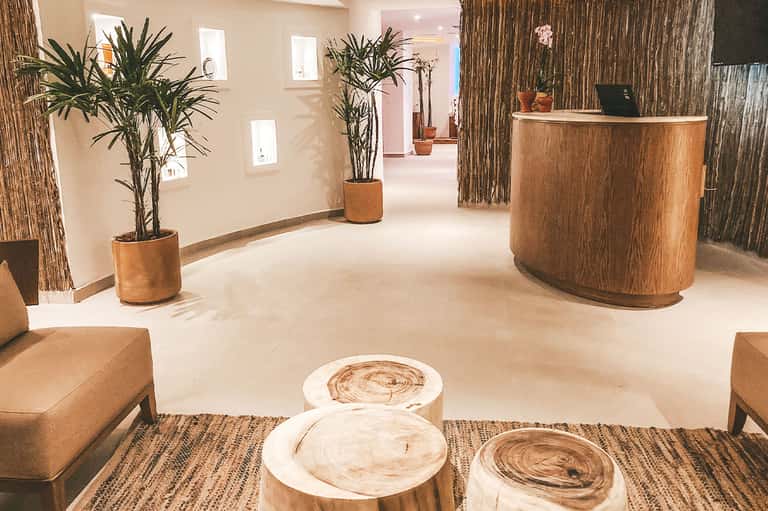 Modern hotel lobby with curved wooden reception desk and potted plants