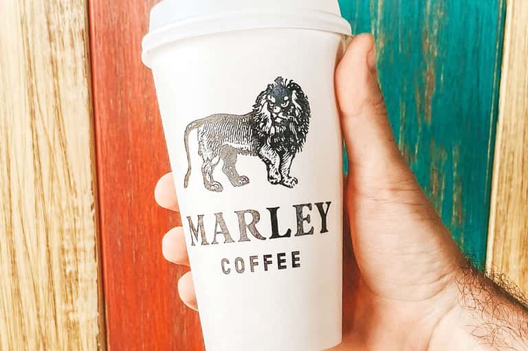 Hand holding white Marley Coffee cup with lion logo against colorful wooden wall background