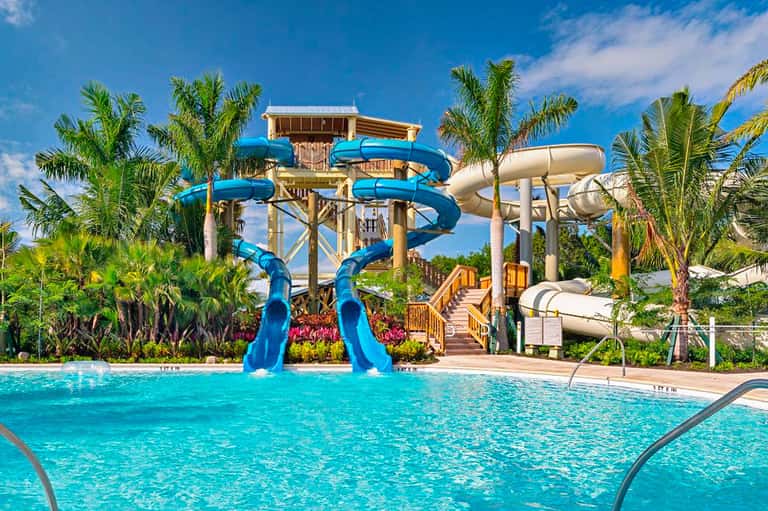 Tropical water park with blue spiral slides emptying into turquoise pool surrounded by palm trees