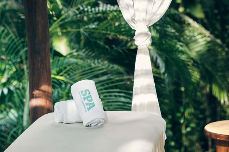 White spa towels rolled on table with tropical palm leaves in background