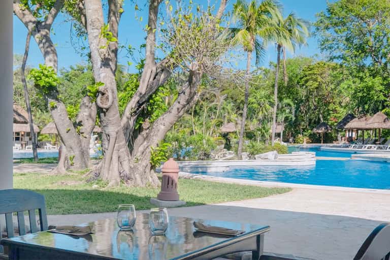 Poolside dining area with large trees, lounge chairs, and tropical resort setting