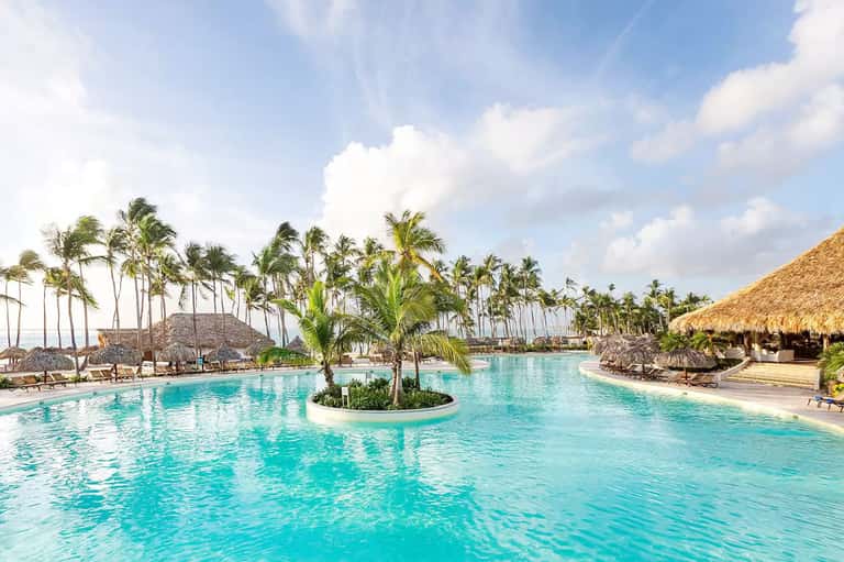 Lagoon-style resort pool with thatched-roof cabanas, palm trees, and island landscaping