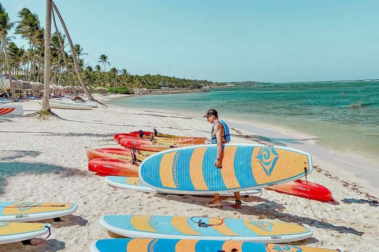 Colorful surfboards and paddleboards lined up on a tropical beach with palm trees and turquoise water
