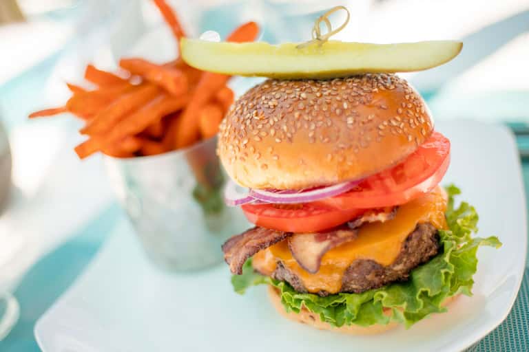 Gourmet cheeseburger with sesame bun, tomato, lettuce, and pickle garnish served with fries