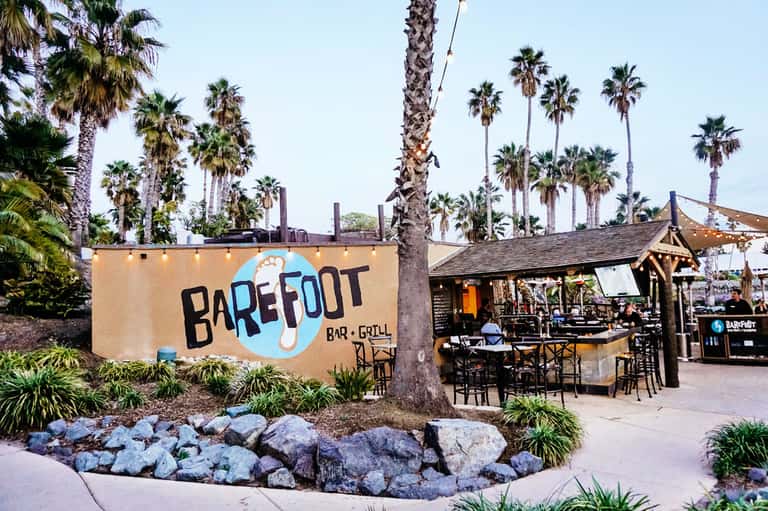 Barefoot Bar and Grill exterior with palm trees and string lights on a coastal patio
