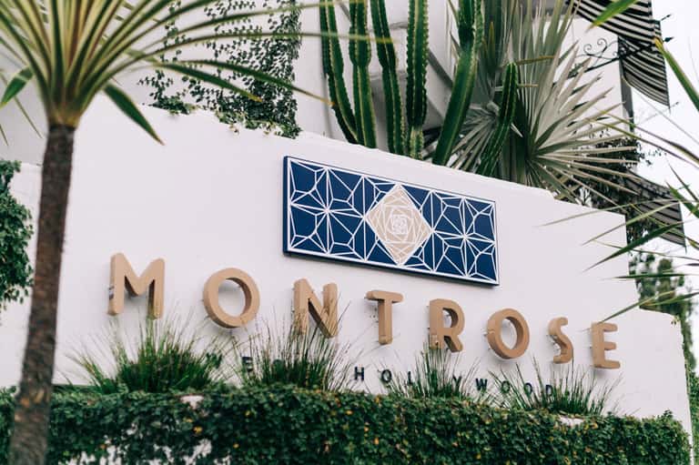 Montrose H+W signage with geometric pattern and rose logo surrounded by tropical plants