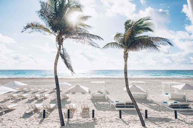 Beach lounge area with palm trees, white umbrellas, and ocean horizon