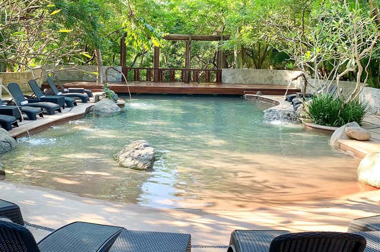Natural hot spring pool surrounded by lush trees with wooden deck and lounge chairs