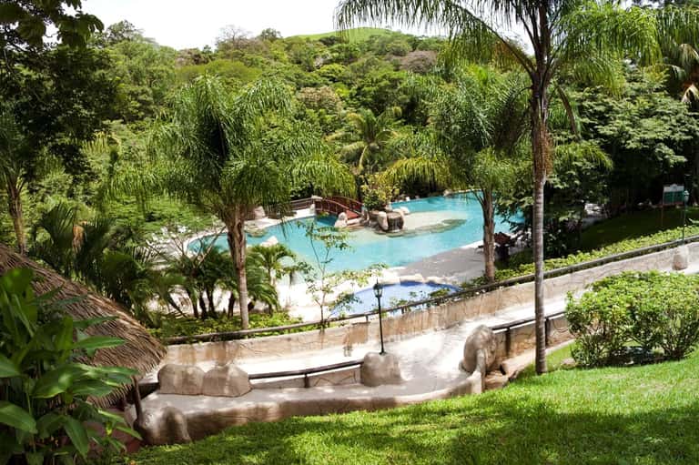 Resort hot spring pool surrounded by lush tropical vegetation and palm trees
