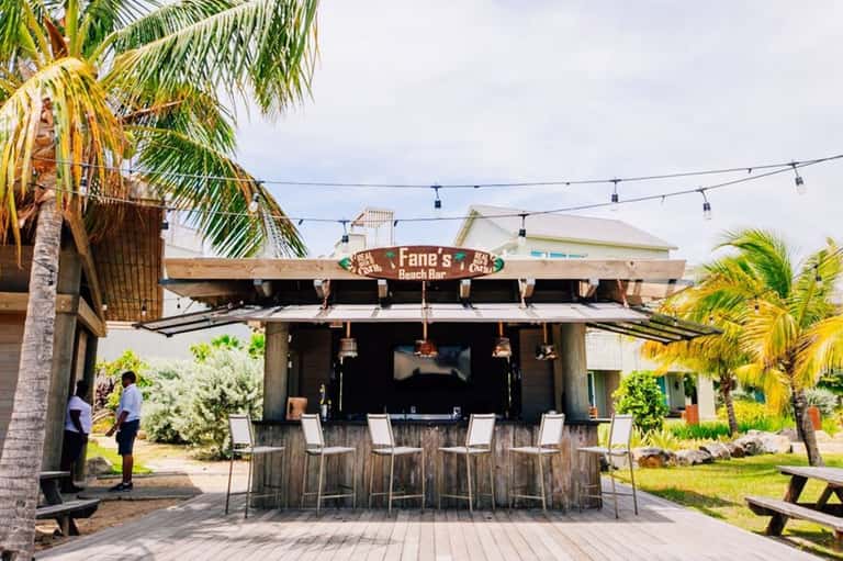 Fane's Beach Bar with thatched roof, palm trees, bar seating, and tropical setting