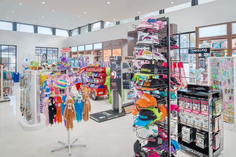 Bright retail store interior with colorful merchandise displays, dolls, and beach/water sports equipment