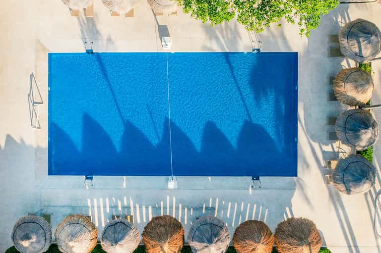 Overhead view of rectangular blue pool with palm tree shadows on surrounding deck