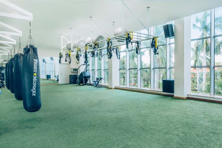Modern gym facility with hanging bikes, punching bags, and large windows overlooking palm trees