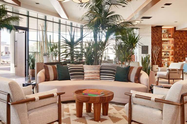 Contemporary hotel lobby with curved cream sofa, striped pillows, potted palm plants, and large windows.