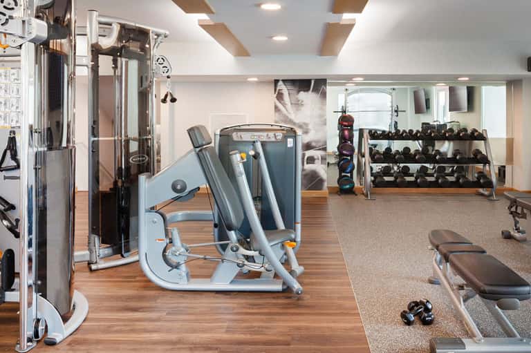Modern gym with cardio machines, weight racks, and dumbbells on wooden flooring