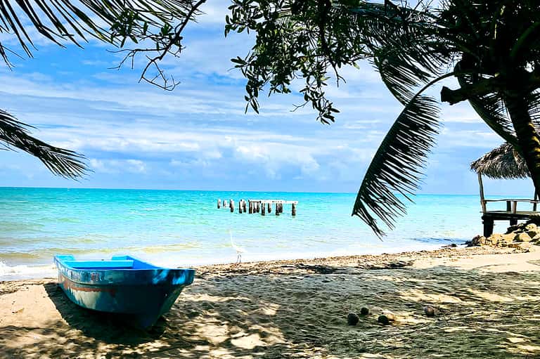 Turquoise boat on sandy beach with palm trees and shallow turquoise ocean water