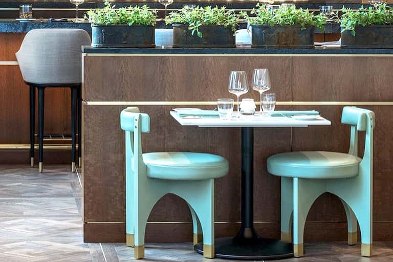 Modern bar counter with turquoise stools, wooden paneling, and potted greenery overhead