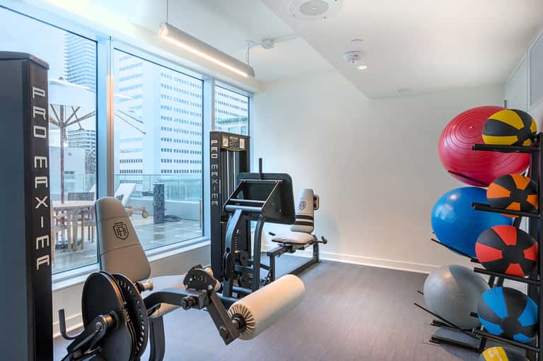 Modern fitness center with exercise equipment, city skyline views through large windows