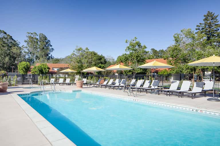 Resort pool with crystal-clear water, yellow umbrellas, lounge chairs, and wooded landscape background