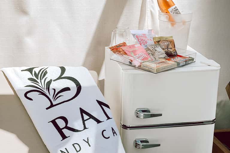 Hotel room nightstand with white mini-fridge, magazines, and decorative pillow with tropical design