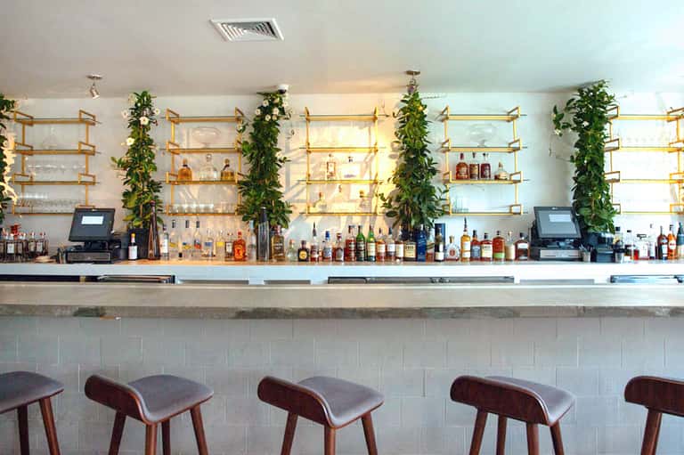 Modern bar interior with gold-framed shelving, plant greenery, liquor bottles, and mid-century wooden bar stools