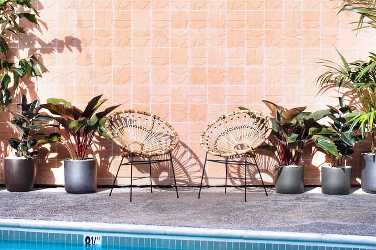 Modern poolside patio with woven chairs, terracotta wall, potted tropical plants, and pool edge