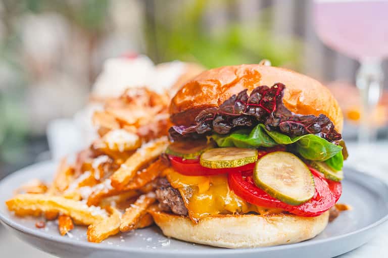 Gourmet burger with fresh vegetables, grilled patty, and crispy fries on white plate