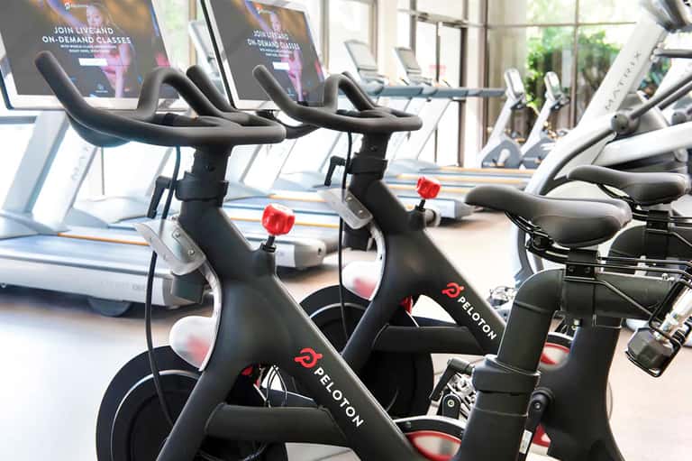 Row of Peloton stationary bikes in bright fitness studio with windows and exercise equipment