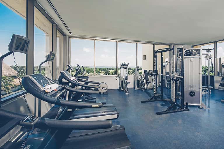Modern gym with treadmills and exercise equipment overlooking landscaped grounds through large windows