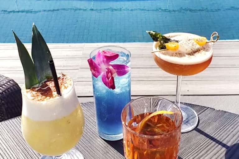 Tropical cocktails with decorative flowers, garnishes, and creative presentations served poolside