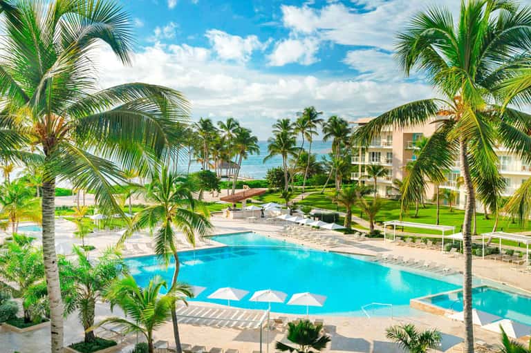 Beachfront resort pool surrounded by palm trees, with ocean view and residential buildings