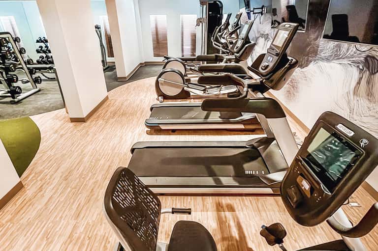 Modern gym interior with rows of treadmills equipped with individual screens and wood-style flooring