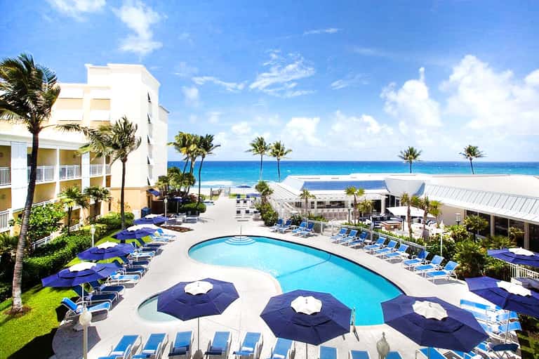Beachfront resort pool with blue umbrellas, loungers, palm trees, and ocean view