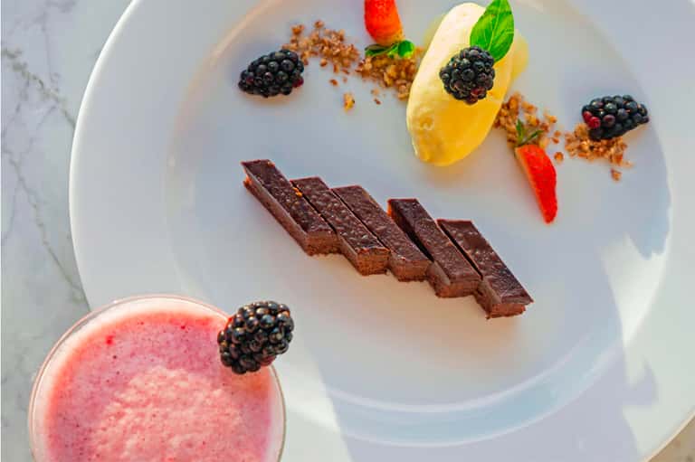Elegant plated dessert with chocolate brownies, berries, fresh fruit, and a pink smoothie on white dish
