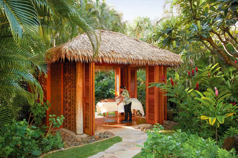 Thatched-roof spa pavilion surrounded by tropical plants and palm trees in lush garden setting
