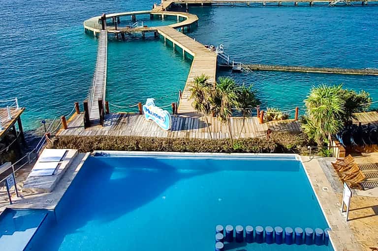 Pool deck overlooking curved wooden dock and turquoise ocean with palm trees and loungers