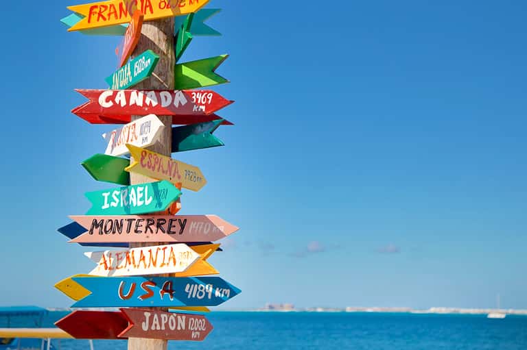Colorful directional signpost listing international destinations with distances against blue sky