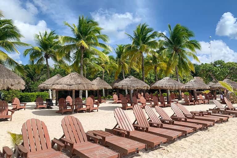 Beach with thatched umbrella cabanas, wooden lounge chairs, and palm trees under blue sky