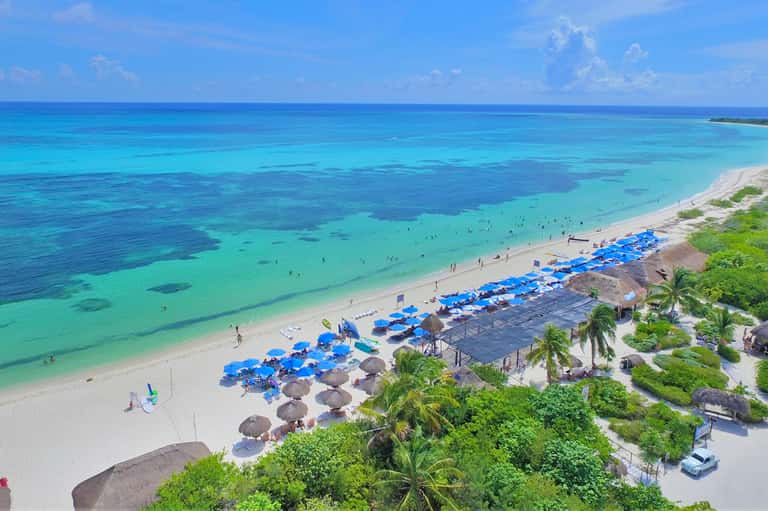 Tropical beach with turquoise water, white sand, blue umbrellas, and palm trees