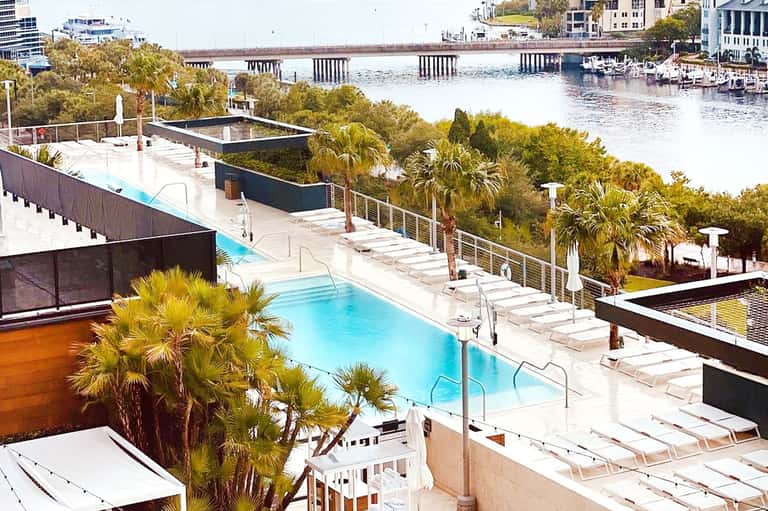 Modern rooftop pool overlooking waterfront with palm trees and white lounge chairs