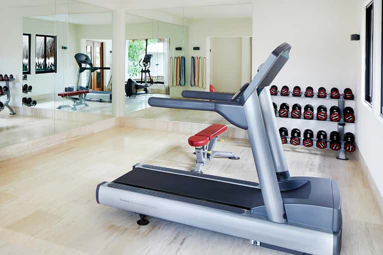 Modern fitness center with treadmill, dumbbells, and mirror walls