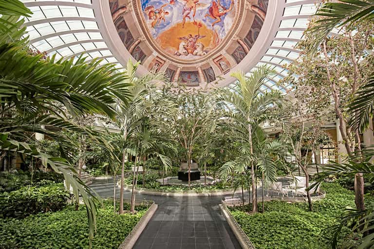 Indoor conservatory with glass ceiling, ornate dome, lush green plants, and marble pathway