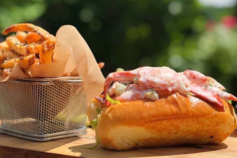 Gourmet lobster sandwich and crispy fries served outdoors with blurred green garden background