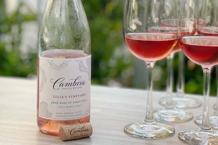 Bottle and glasses of rosé wine on outdoor table with green background