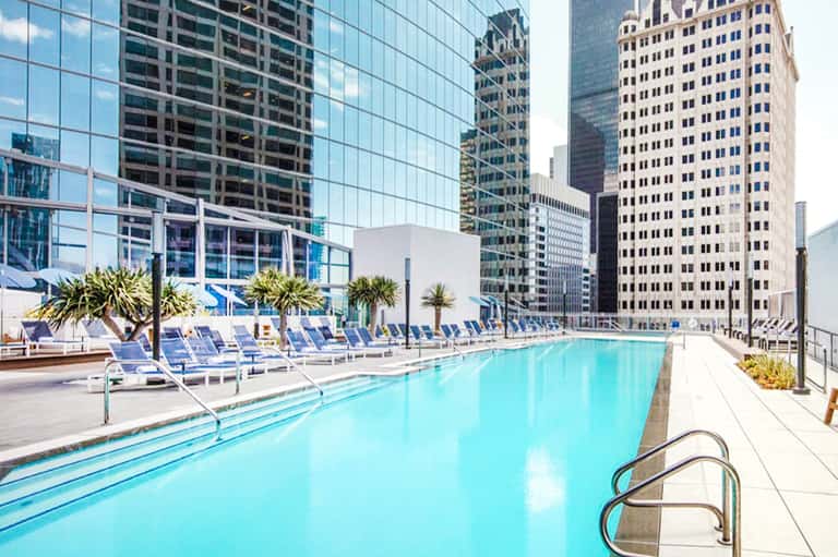 Rooftop pool overlooking downtown skyline with blue loungers and palms