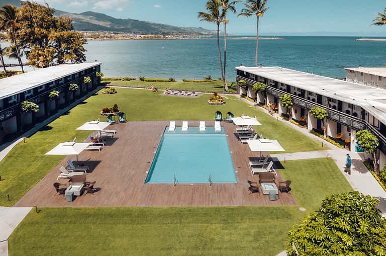 Oceanfront resort pool deck with palm trees, grass, and mountain views