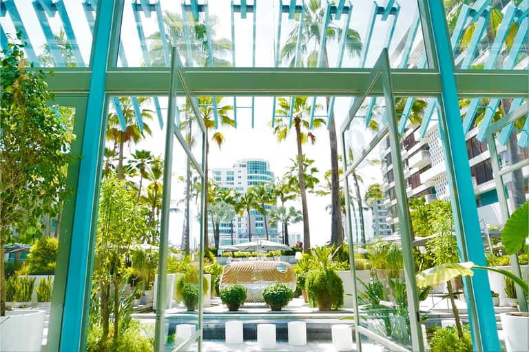Modern green glass conservatory with palm trees and urban buildings in background