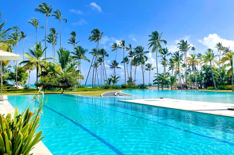 Large outdoor lap pool surrounded by palm trees with turquoise water and blue sky