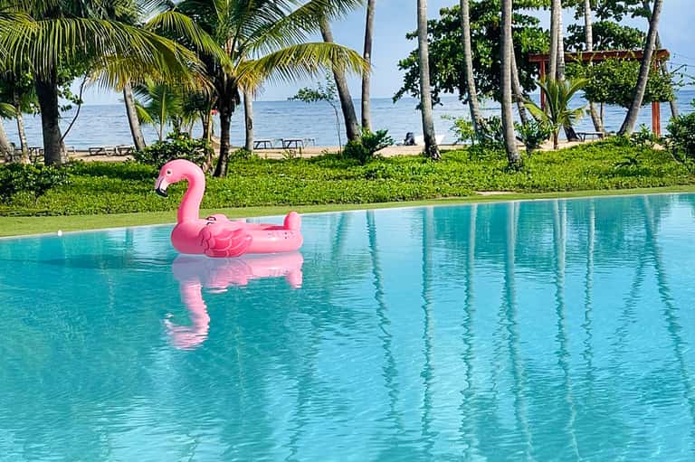 Beachfront pool with pink flamingo float, palm trees, and calm turquoise water